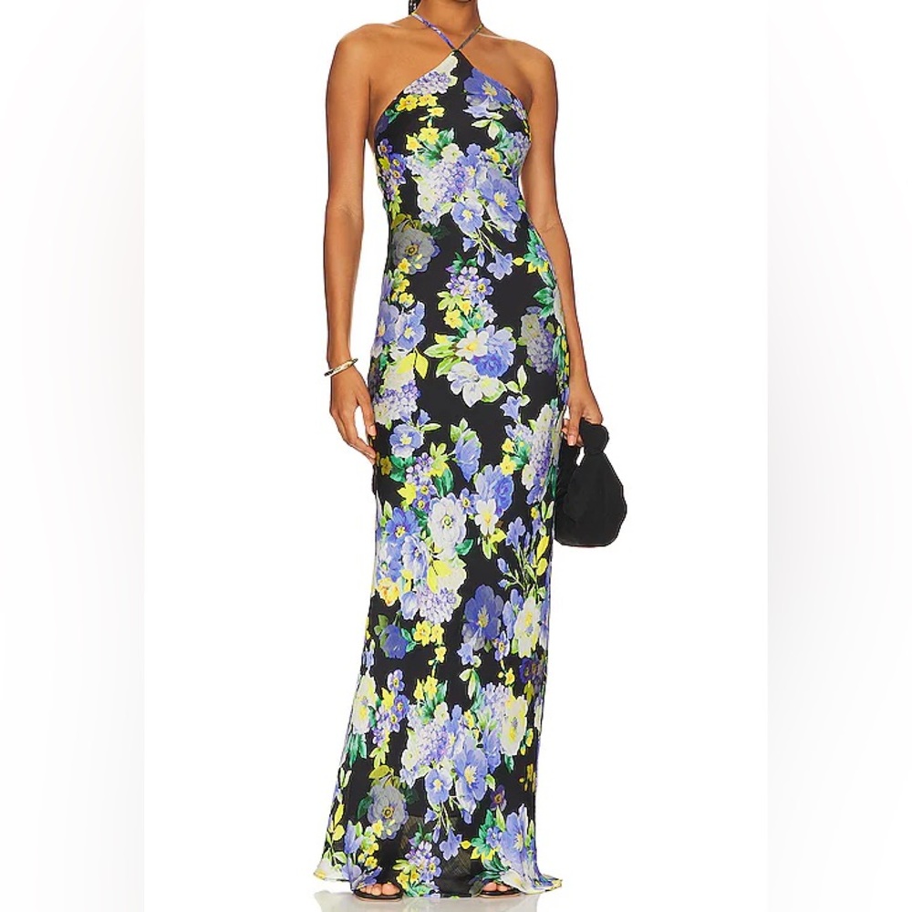 Bloom Halter Neck Maxi Dress in Black and Purple Multi